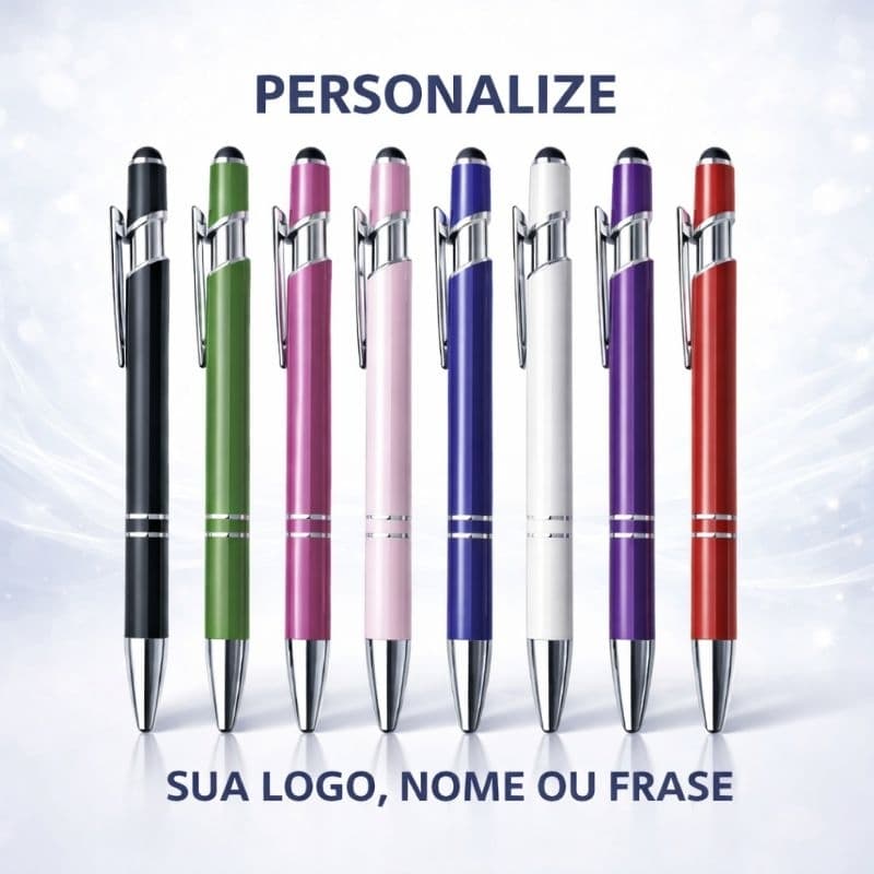 Caneta metalizada personalizada touch para celulares e tablets gravação a laser logo, nome, frase imagens horizontal