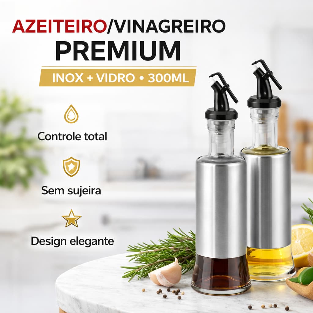Porta Condimentos Galheteiro Azeite e Vinagre Vidro com Inox Dosador 300ml Cozinha Gourmet