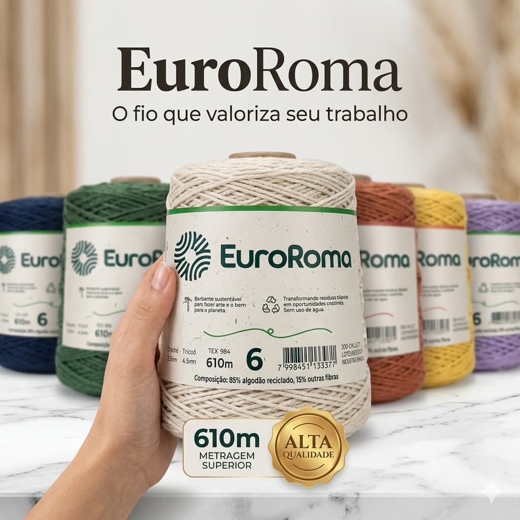 Barbante EuroRoma Nº6 610m  Algodão Reciclado Ecológico Crochê Tapete Artesanato