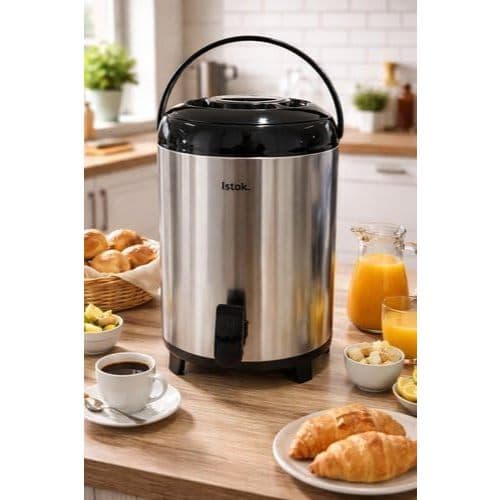 Botijão térmico 9,5L em aço inox com torneira, conservação térmica por até 6 horas e pés de apoio – inox