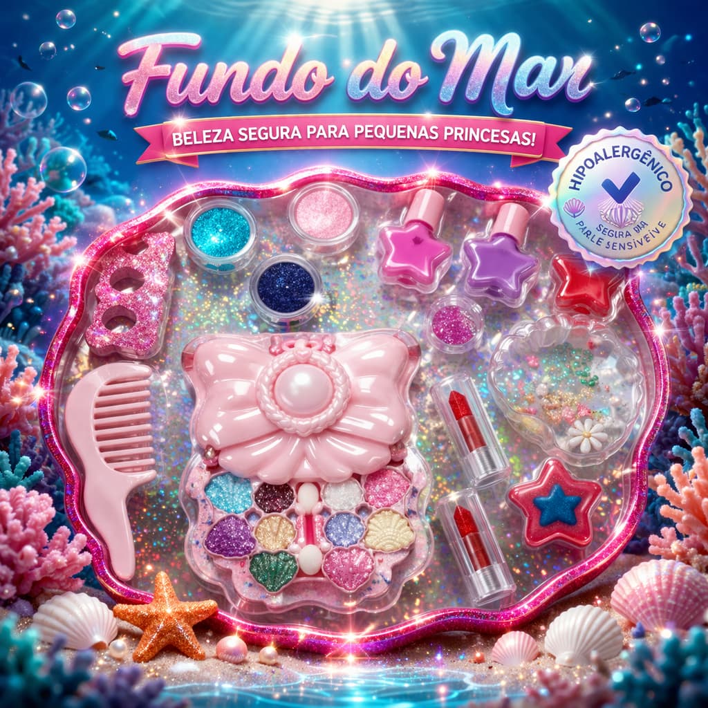 Kit Maquiagem Infantil Fundo do Mar 🐚 Completo | Make Criança Segura Hipoalergênica | Sombras Batom Brilho |