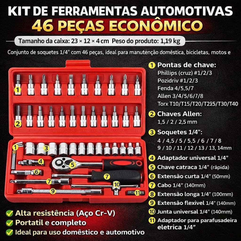 Kit Ferramentas 46 Peças 1/4 Catraca Aço Cr-V Completo Portátil Multiuso Casa Carro Moto Reparo