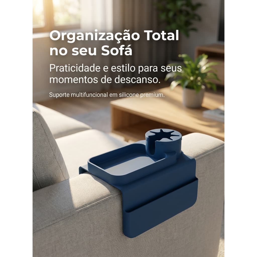 Organizador de Braço de Sofá em Silicone Bandeja Porta Copos e Controle Remoto Suporte Prático para Sala de Estar