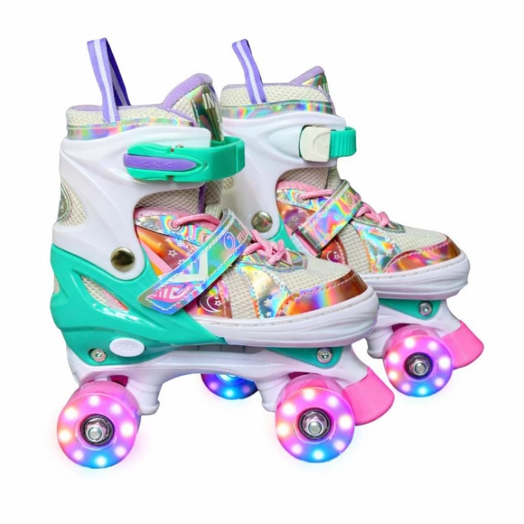 Patins Lindo Arco Íris Quad Rainbowstars com LED em todas as rodinhas + Bolsa