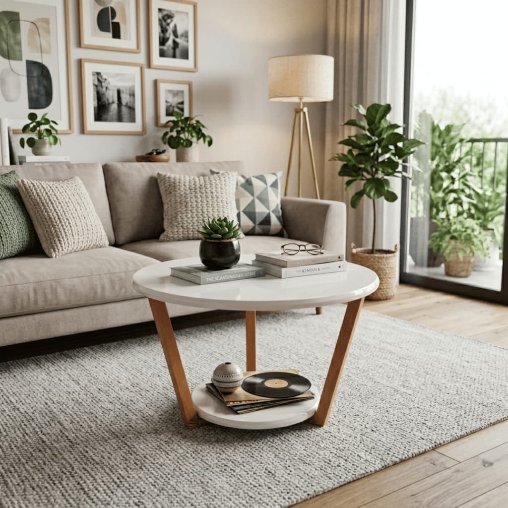 Mesa de Centro Pandora Plus Compacta 2 Tampos MDF Redondo Madeira Maciça