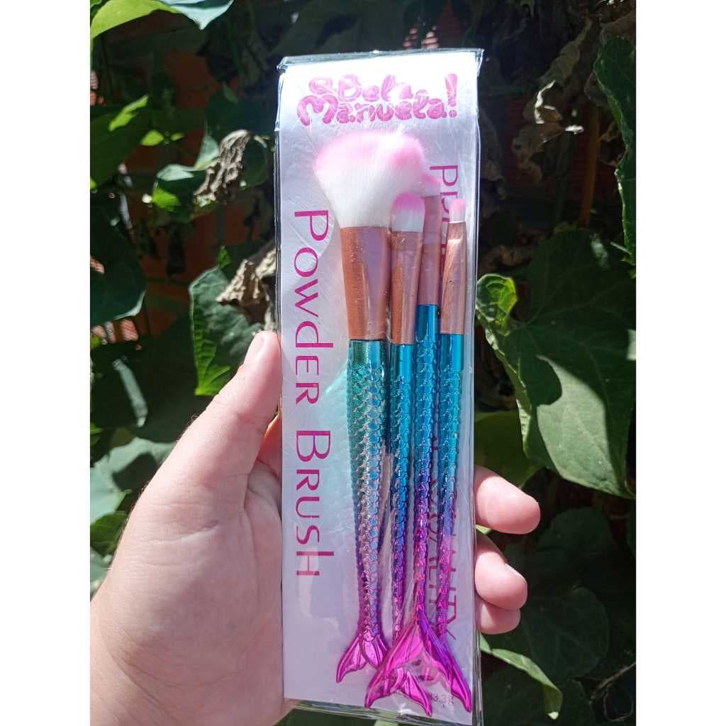 Kit 4 Pincéis Sereia Glitter Maquiagem Profissional Macio Premium Holográfico