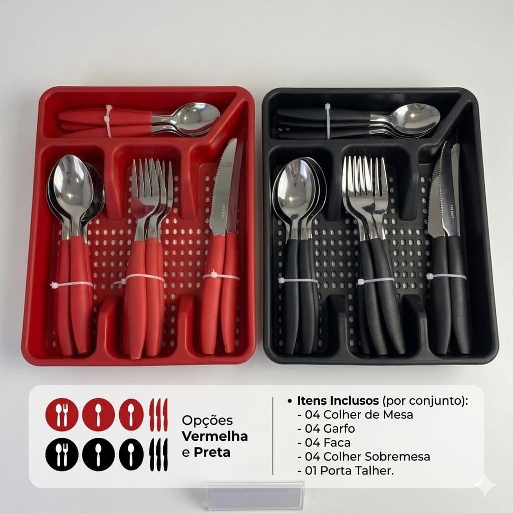 Conjunto Faqueiro Talheres Inox 17 Peças Porta Talher Organização Cozinha Cores Vermelha e Preta