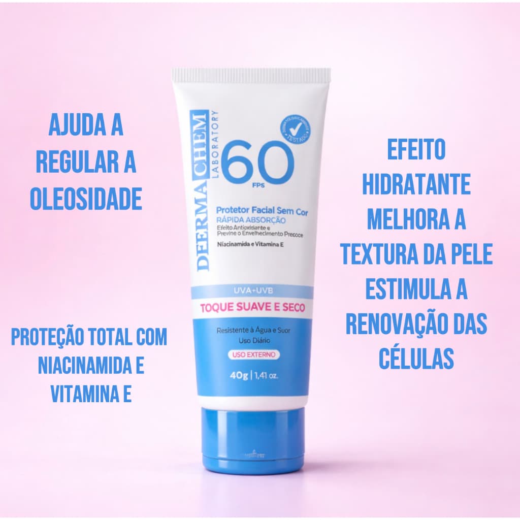 Protetor Solar Facial FPS 60 Dermachem  Controle da oleosidade com Niacinamida e Vitamina E – Toque Seco