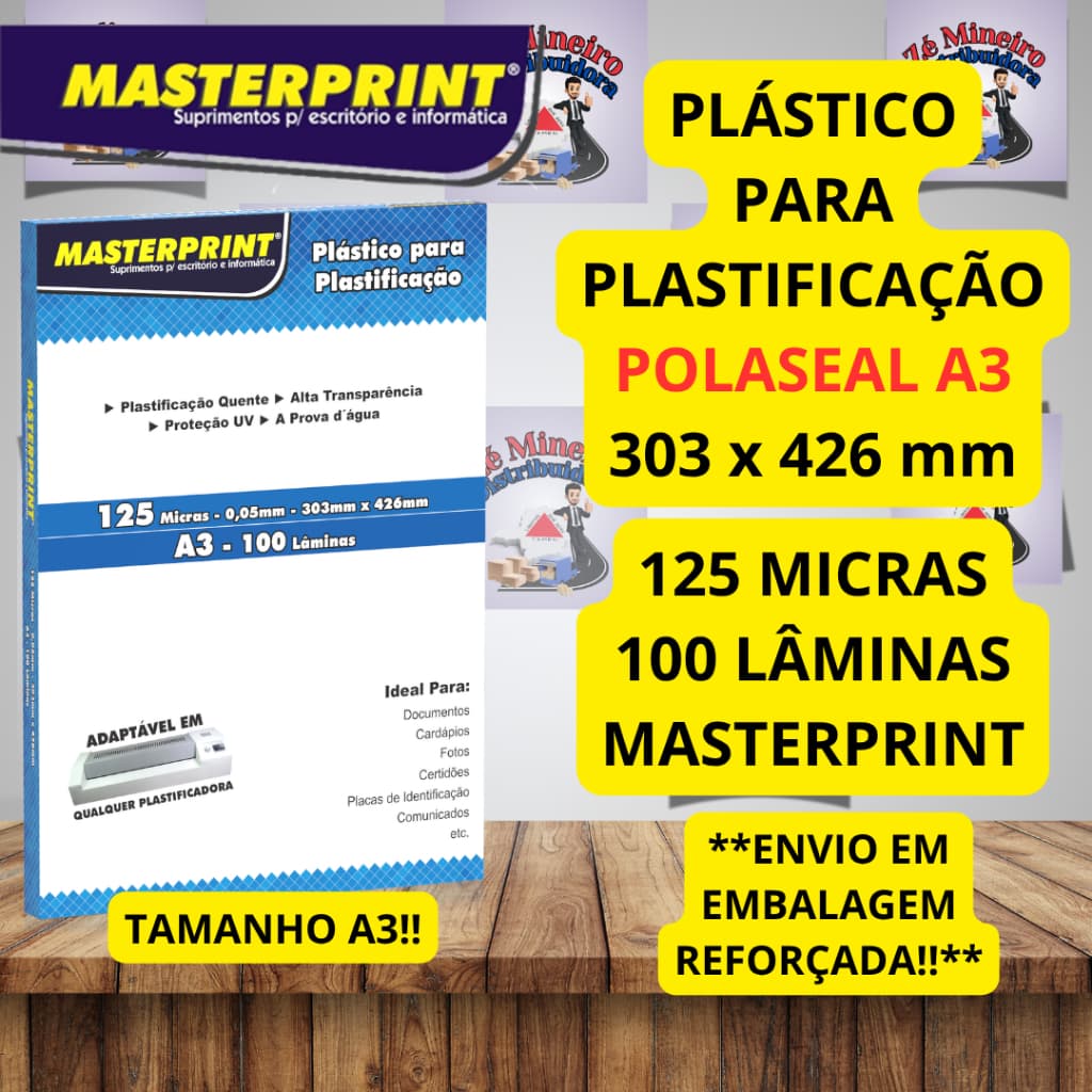 Plástico para Plastificação A3 Polaseal Masterprint 303x426 mm 125 micras 0.05 mm