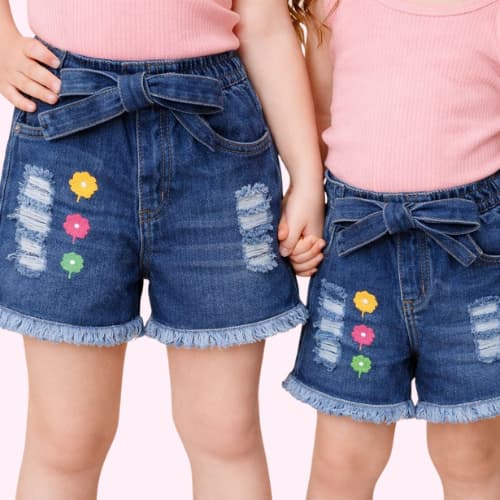 Shorts Jeans Infantil Short verão Barra Desfiada Short Feminino com Laço e Bordado Floral