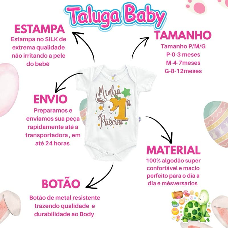 Body Infantil Minha Primeira Páscoa, Coelho P/M/G 100% algodão