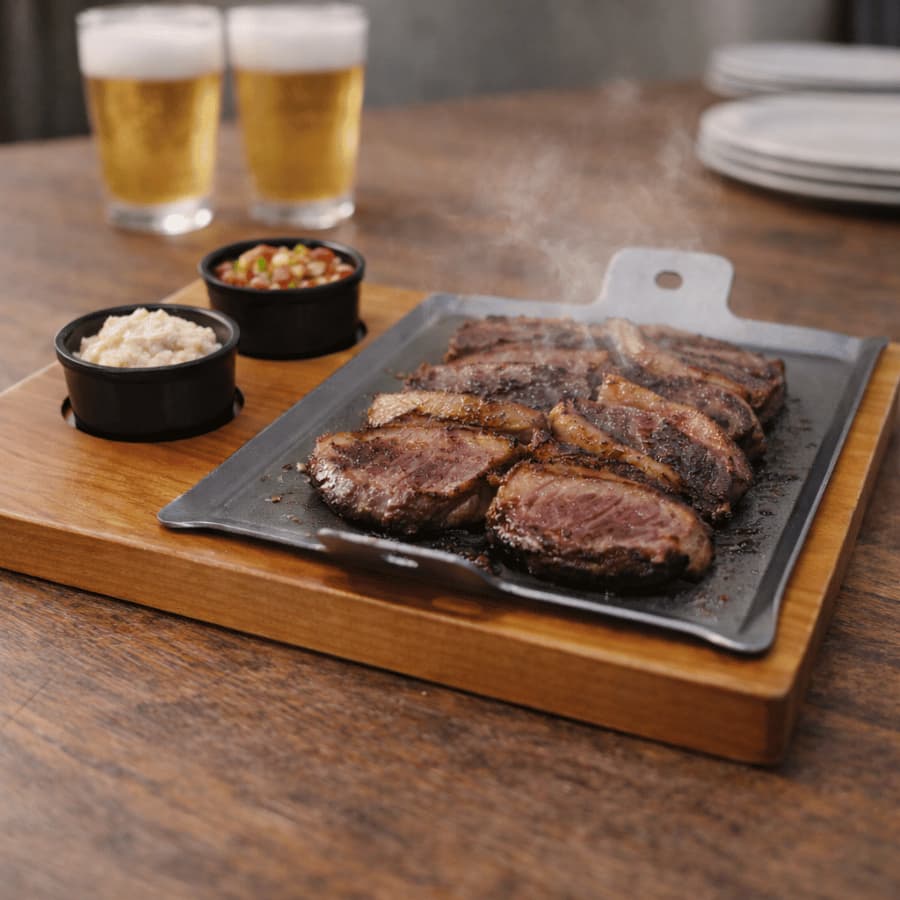 Chapa Para Petisco 22cm Aço Carbono + Tabua Madeira Porta Molho