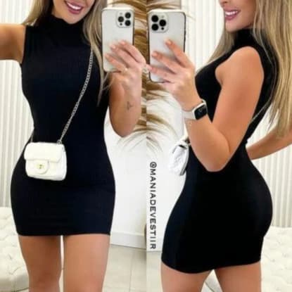 vestido de gola curto regata malha canelado tubinho