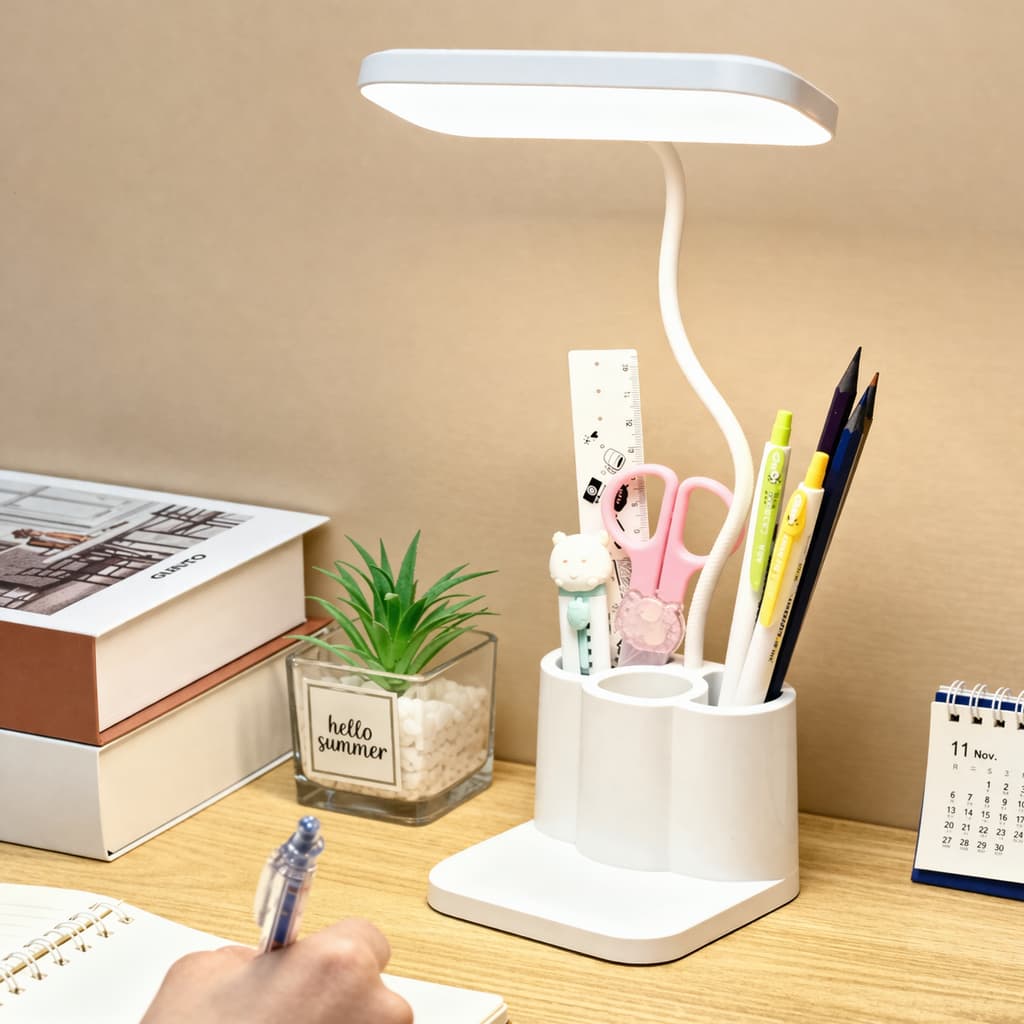 Luminária LED Barra 3 Níveis de Luminosidade Com Porta Lapis Trecos Recarregável Articulável para Estudos Trabalho