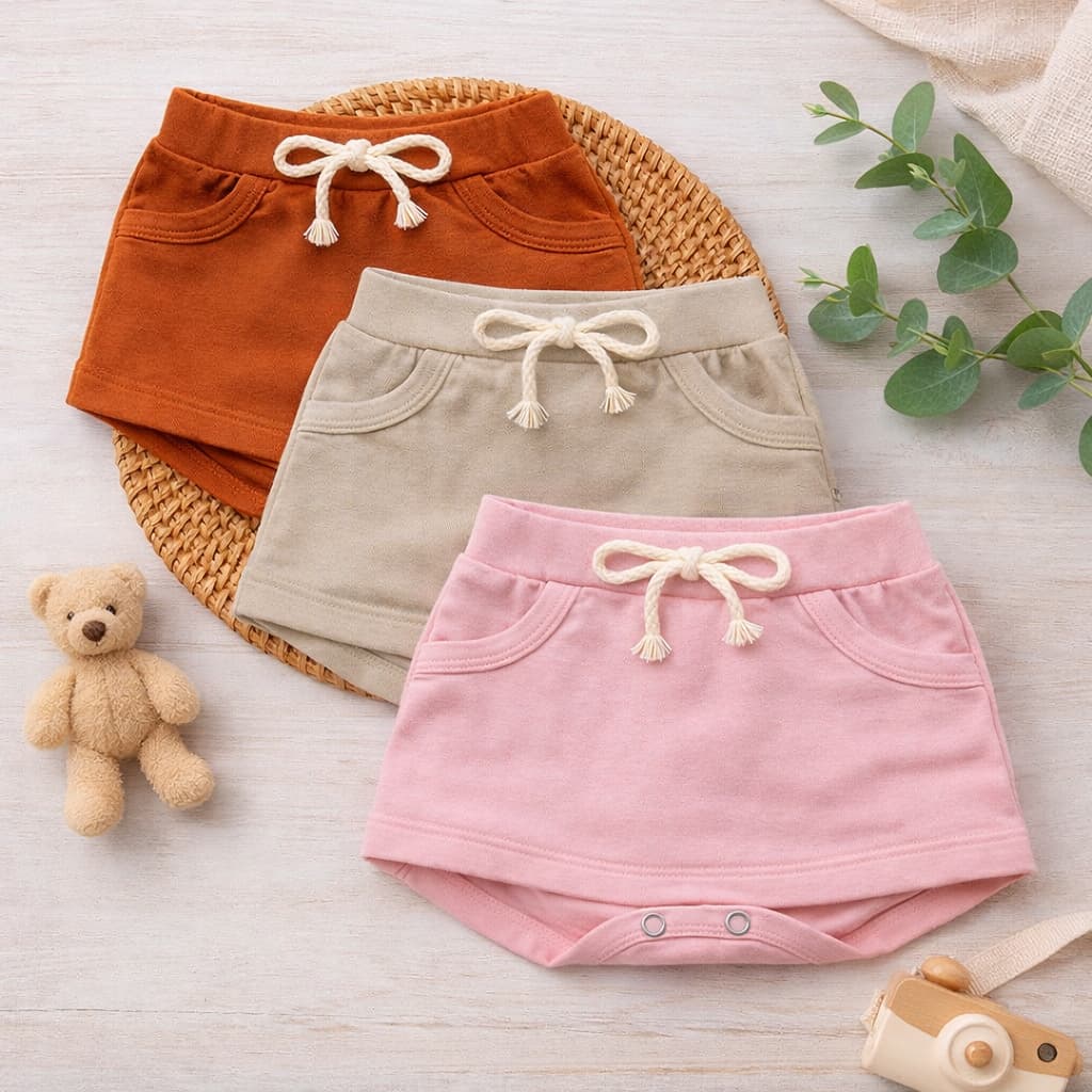 Kit Com 3 Short Saia Tapa Fralda Bebê Menina Verão 100% Algodão