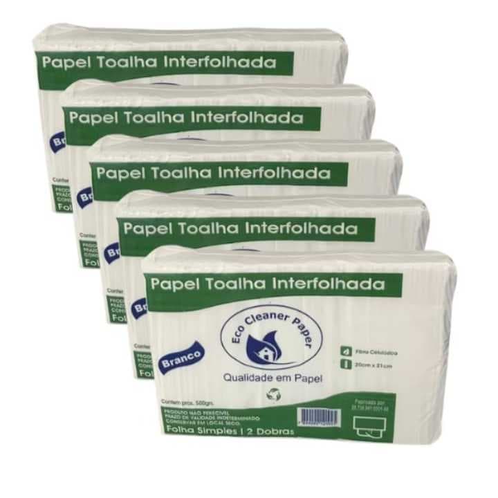 KIT 5 PACOTE PAPEL TOALHA INTERFOLHA BRANCO 20X21 2 DOBRAS 500G (600 FOLHAS APROXIMADAMENTE)