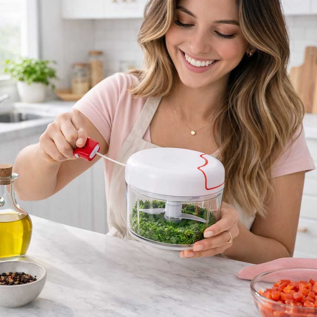 Mini Processador de Alimentos Manual Triturador de Alho Cebola Salsa 2 Lâminas Inox Cozinha Prática