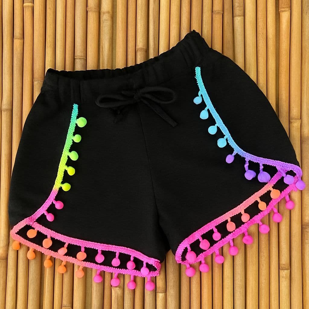 Short Infantil Juvenil com Pompom Menina|Short de Praia Piscina|Verão|Confortável Tamanho 2 a 16| Canga