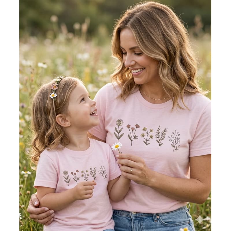 Kit Camisetas Mãe e Filha Algodão Blusinhas Floral Minimalista Look Combinando Feminino Infantil Família