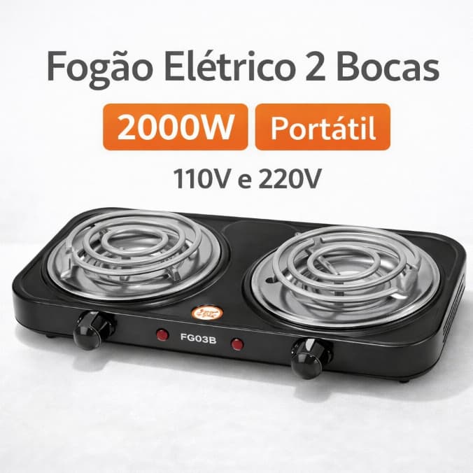 Fogão Elétrico 2 Bocas 2000W Portátil 110V/220V Espiral