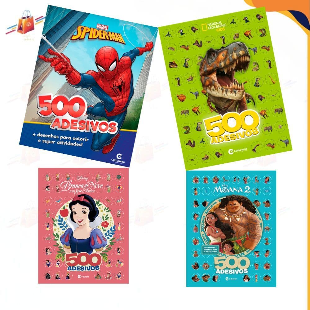 Livro 500 Adesivos Spider-man Moana 2 Branca de Neve Dinossauros com Atividades para Colorir