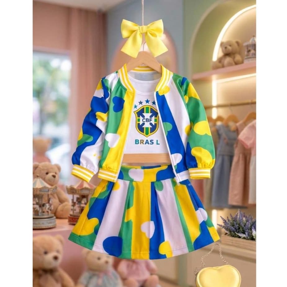 Conjunto 3 Peças Brasil Para Meninas 02 a 10 Anos