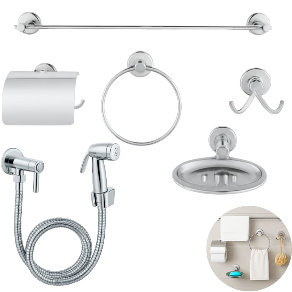 Kit acessórios Para Banheiro 5 peças Aço inox + Ducha Higiênica Chuveirinho Intimo ABS Cromado
