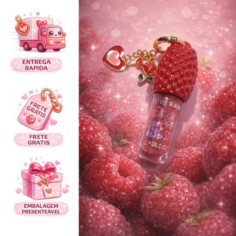 Gloss Labial morango | Framboesa | chocolate | Mel - com Chaveiro – Lip Gloss Glitter Hidratante Tendência Presente Fofo