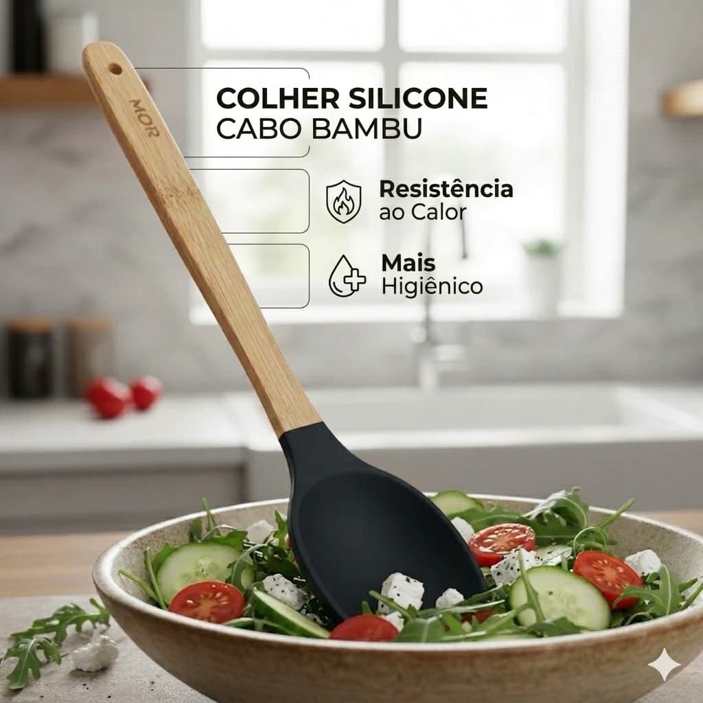 Colher De Silicone Preta Com Cabo De Bambu Mor Premium Cozinha Antirisco Reforçada Envio Imediato