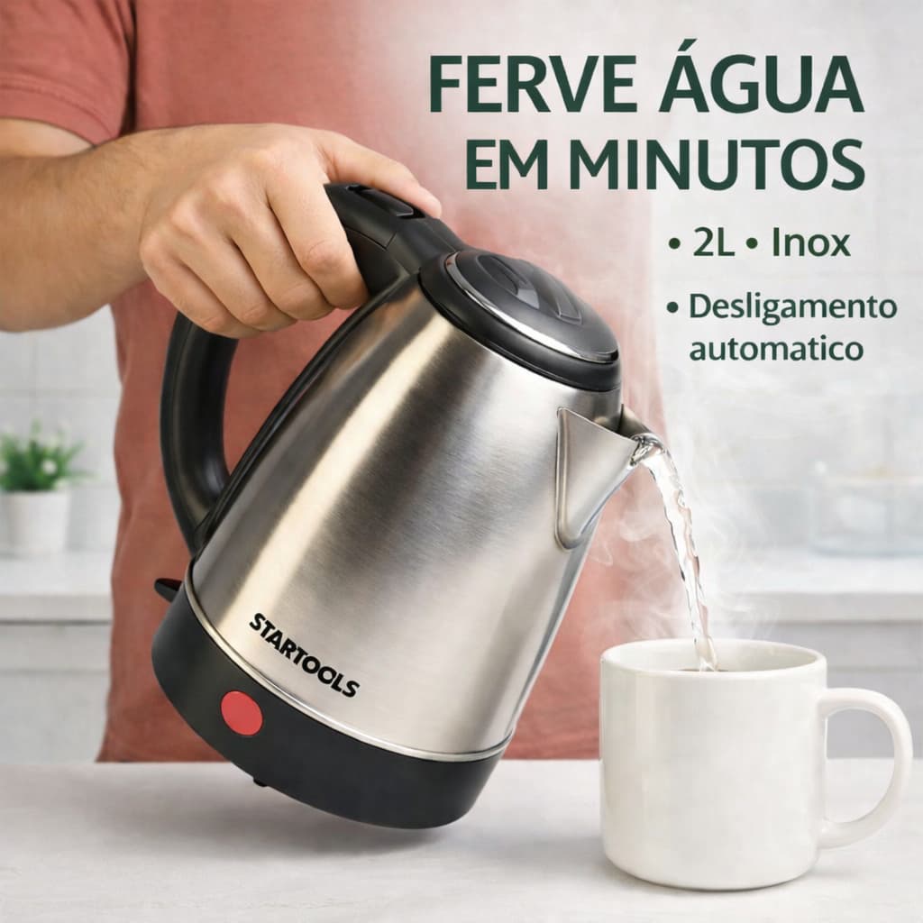 Chaleira Elétrica Inox 2L I 1,8L 127V ou 220V Ferve Água Rápido com Desligamento Automático