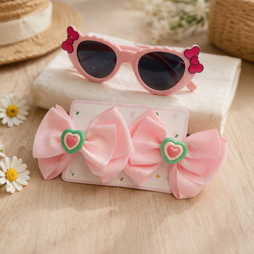 Kit Infantil Óculos de Sol + Laço de Cabelo Rosa | Proteção UV | Estilo Fofo