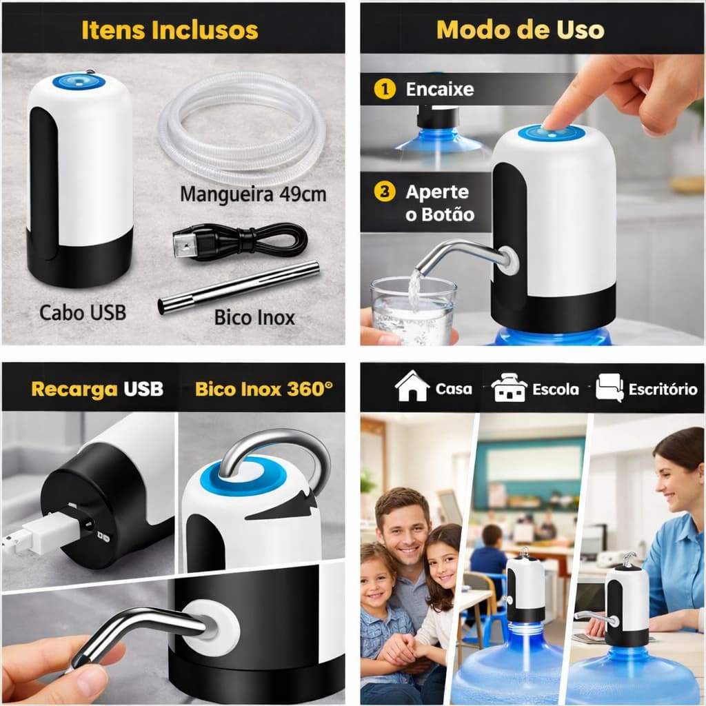 Bomba Recarregável para Galão de Água USB – Botão Touch, Bico Inox, Fácil Instalação