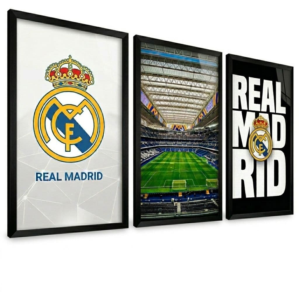Kit 3 Quadros Real Madrid Decorativo Futebol Europeu Quarto Gamer