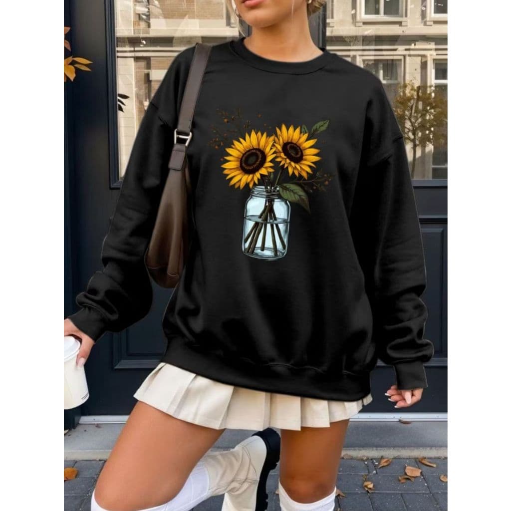 Suéter feminino girassol modelo inverno moletom flanelado algodão confortável