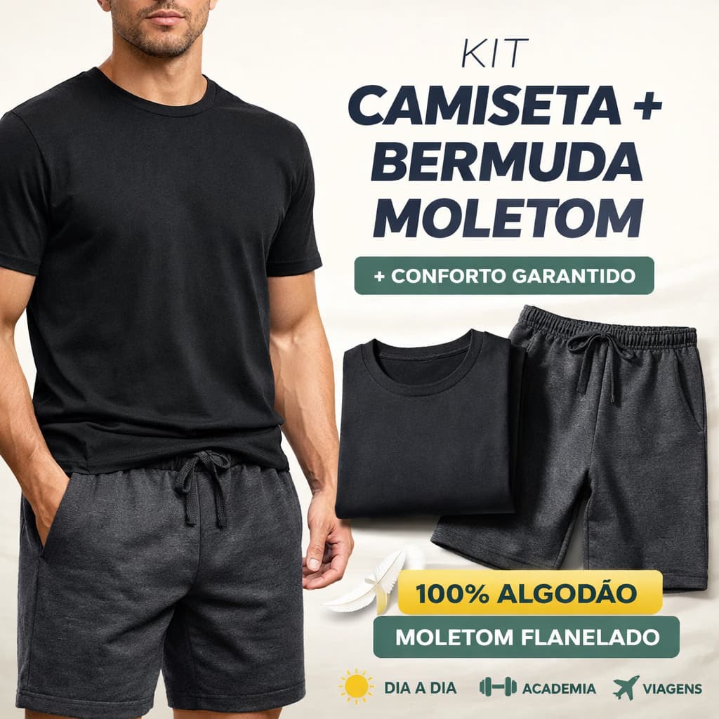 Kit Camiseta Masculina Algodão + Bermuda Moletom Flanelada Short Confortável Casual Dia a Dia Camisa