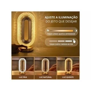 Luminária de Mesa Abajur Oval 15CM Lâmpada Quarto Luxuosa Cristal Acrílico 3 Tons de Led