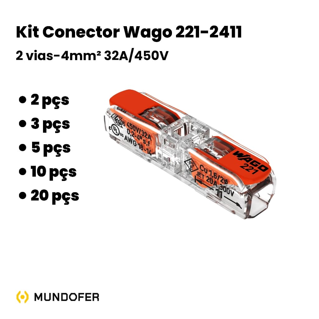 Kit 10,20 peças Conector Elétrico Emenda Para fios Wago 221 Original 4mm² 2411 ATACADO