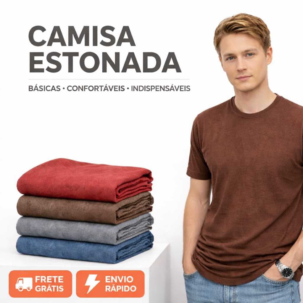 Camisetas Básicas Masculinas Estonada Algodão Lisa Cores Neutras Confortáveis Casual Dia a Dia