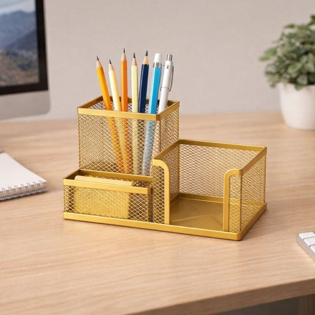 Porta Caneta Dourado Organizador de Mesa Clips Lembrete Metal 3 Divisórias Gv Office