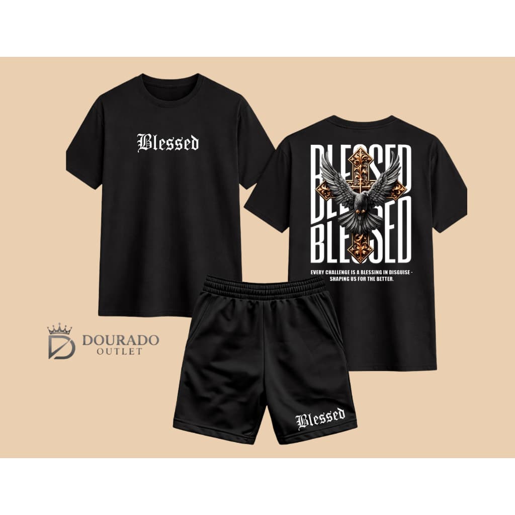Conjunto Masculino Blessed Camiseta + Short Preto Tectel Confortavel