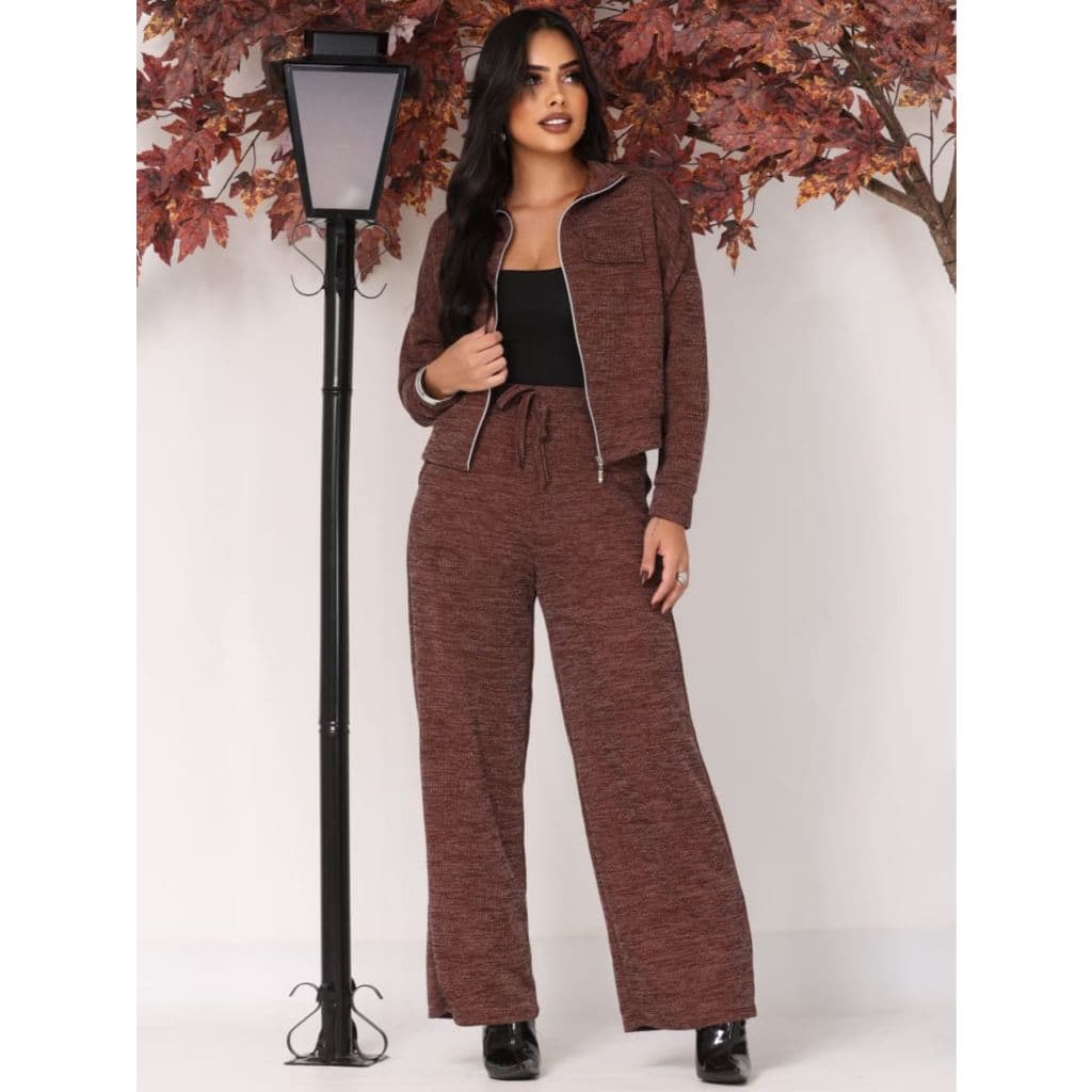 Conjunto blusa manga longa zíper e calça wide leg cintura alta bolso, Malha Ribi Canelada Premium, feminino inverno frio