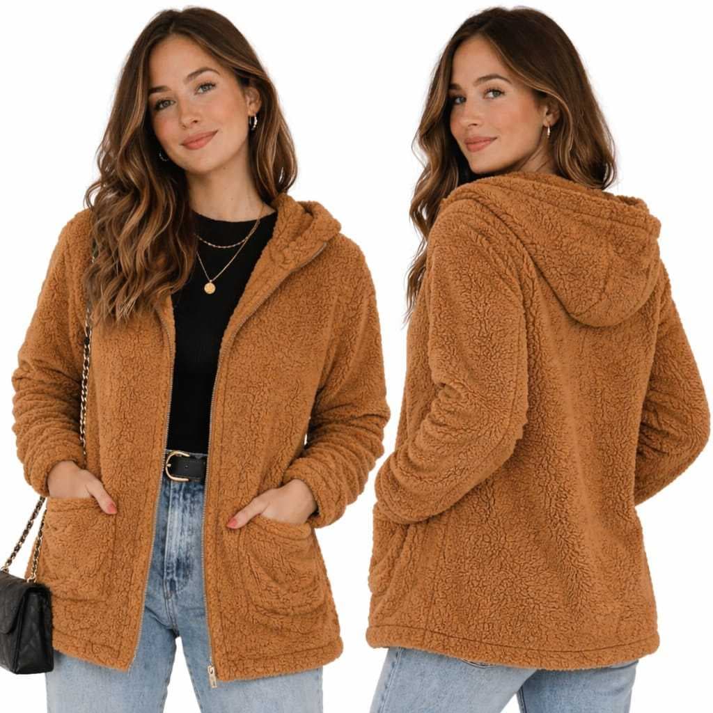 Blusa Casaco Teddy Manga Longa Com Capus e Siper Bolso Lateral Tecido Sherpa Dupla Fase Quentinho Tendencia Cors Inverno