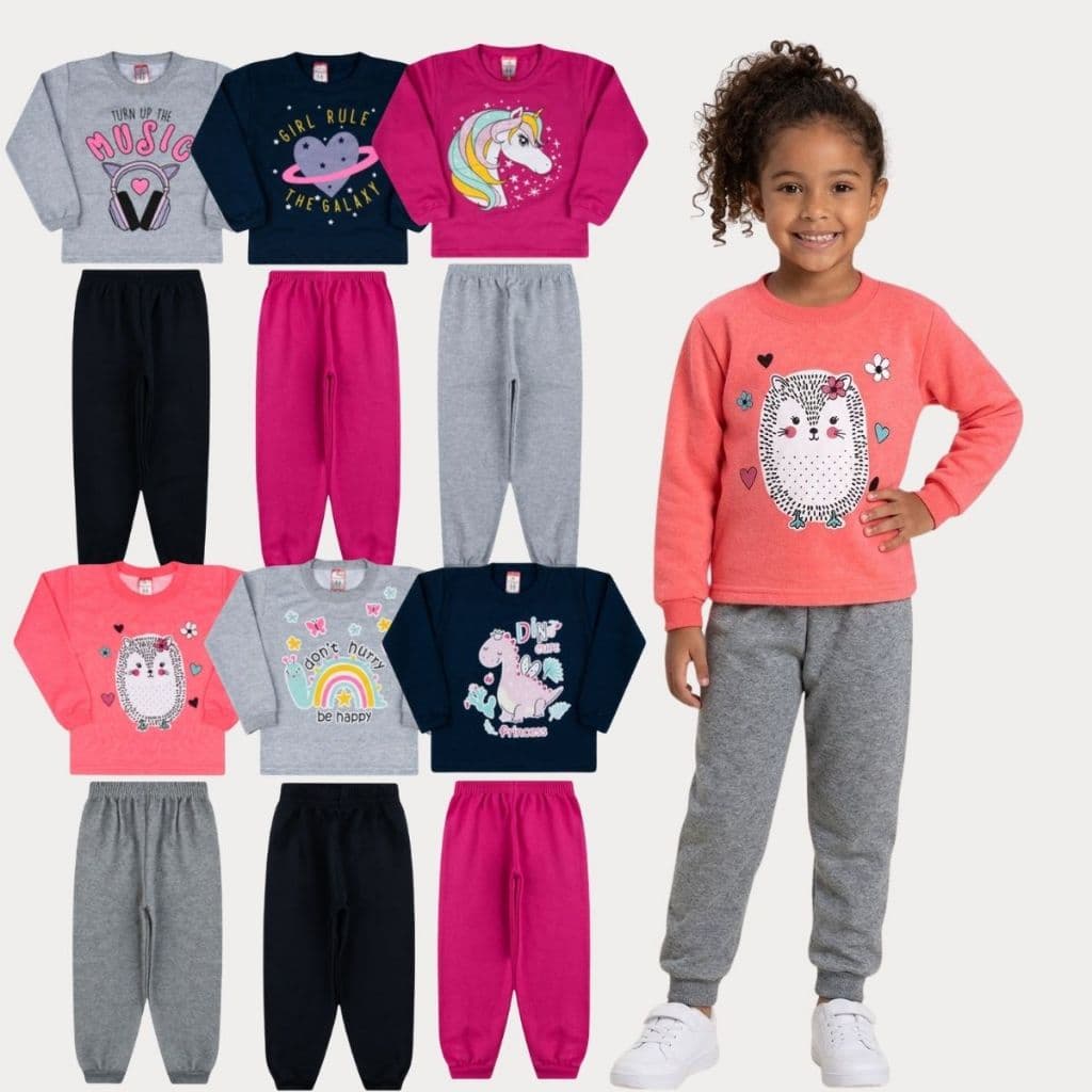 Kit 2 Conjuntos de Moletom Menina 2 Casaco 2 Calça 1 ao 8 Frio Inverno Escola Quentinho