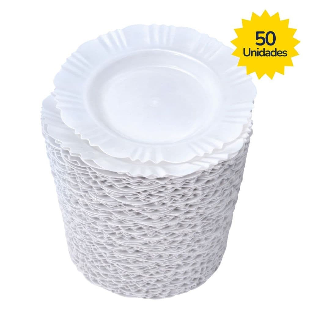 Kit 5-50 Pratos Branco Fundo Com Borda Plástico
