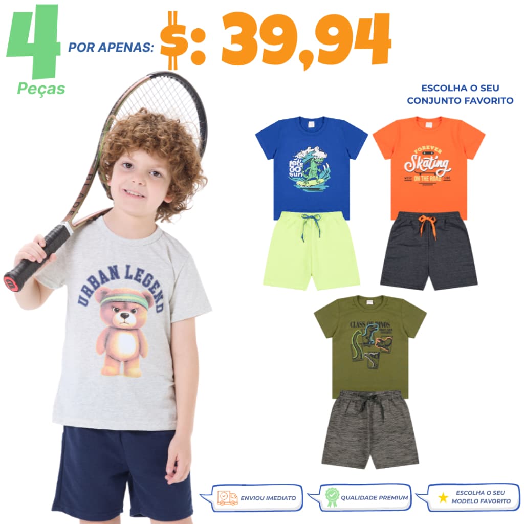 Kit 4 Peças de Roupa Infantil Menino Verão 2 ao 8 anos