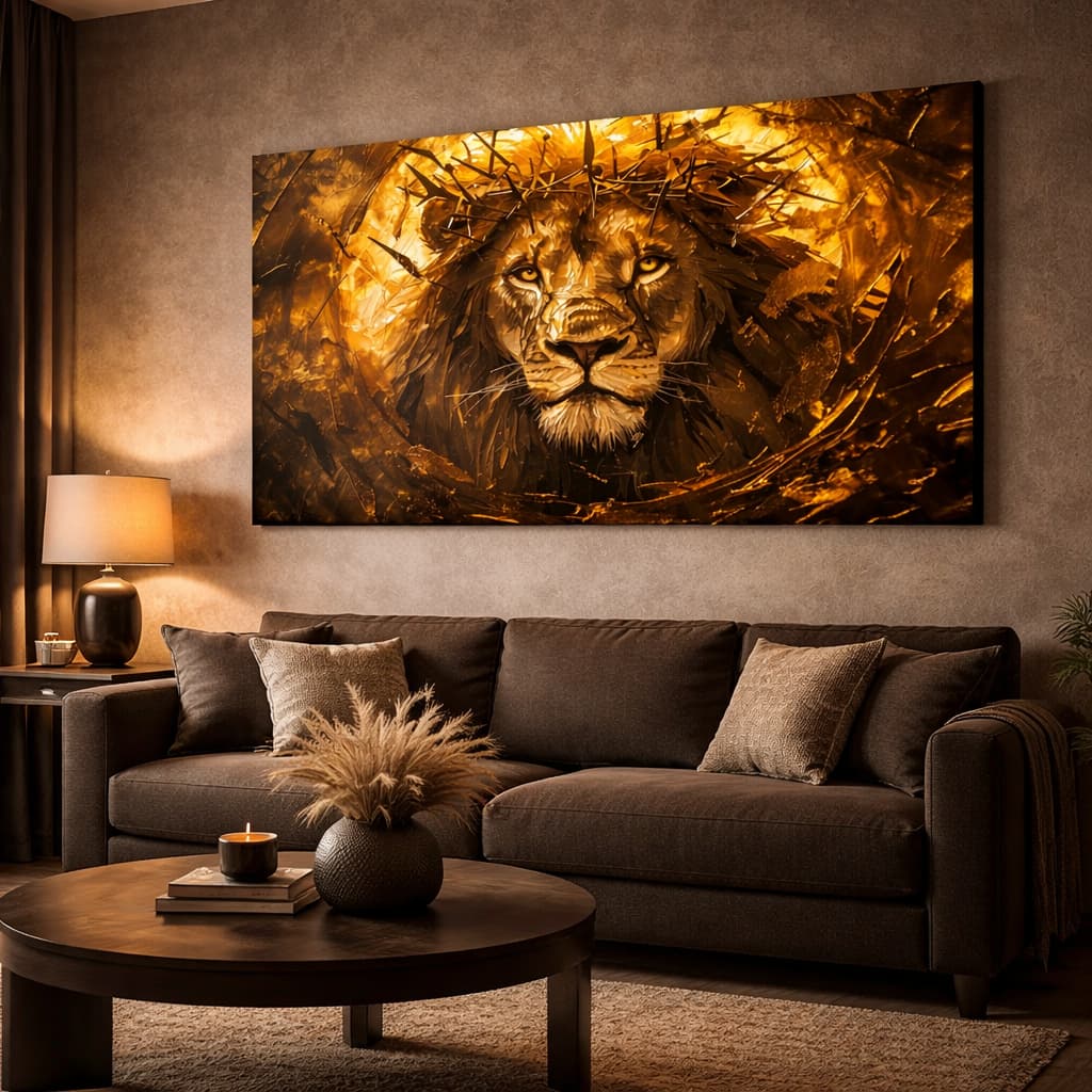 Quadro Decorativo Cabeça de Leão Majestoso em Ouro e Bronze Clássico Luxo Minimalista Horizontal