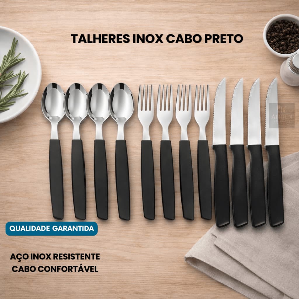 Jogo de Talheres Aço Inox Cabo Preto Kit com 9/18/36 Peças Garfos + Facas + Colheres Cozinha.