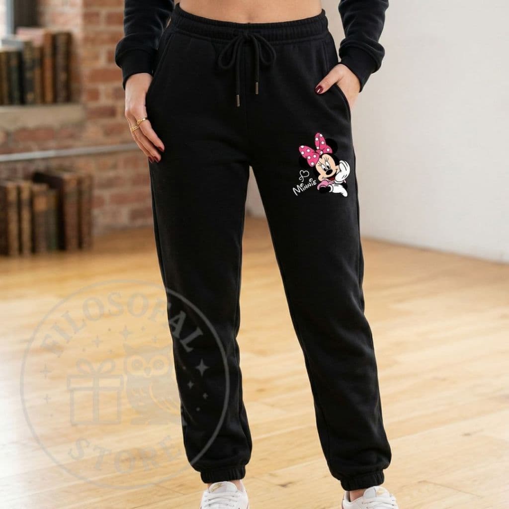 Calça de Moletom Minnie Mouse Unissex Preta Estampa Premium - P ao GG