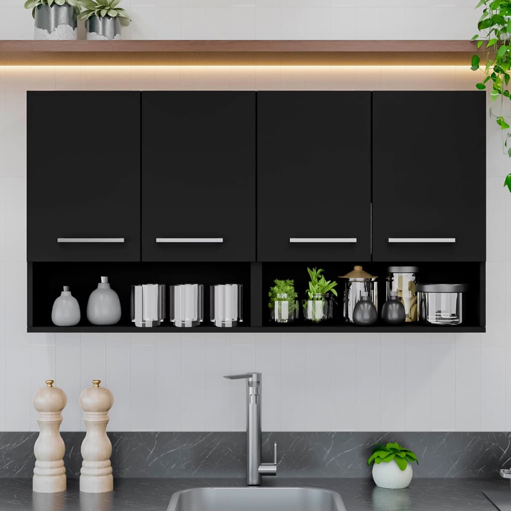 Armário Aéreo Preto 4 Portas Cozinha com Nicho Moderno Premium