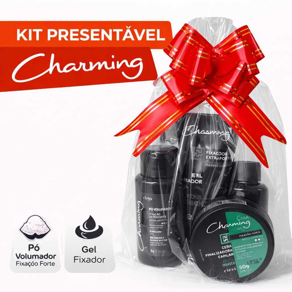 Kit Presenteável Charming Cless Pó Volumador + Gel Fixador + Cera Finalizadora Fixação Forte Masculino